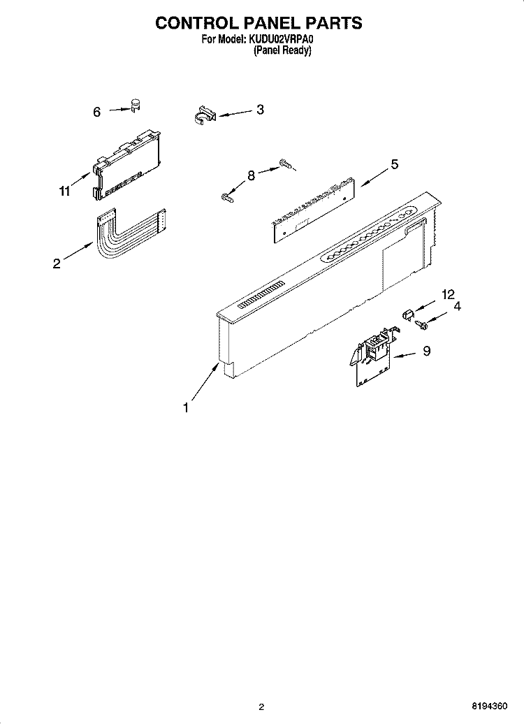 CONTROL PANEL PARTS Diagram and Parts List for KUDU02VRPA0  KitchenAid Dishwasher