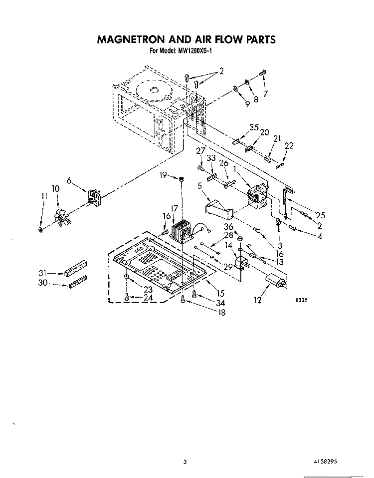 MAGNETRON AND AIRFLOW Diagram and Parts List for MW1200XS1  Whirlpool Microwave