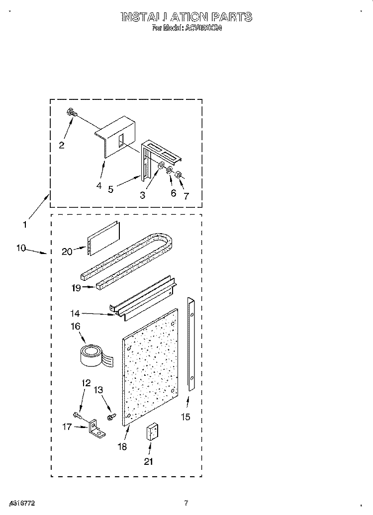 INSTALLATION Diagram and Parts List for ACV052XG0  Whirlpool Air Conditioner