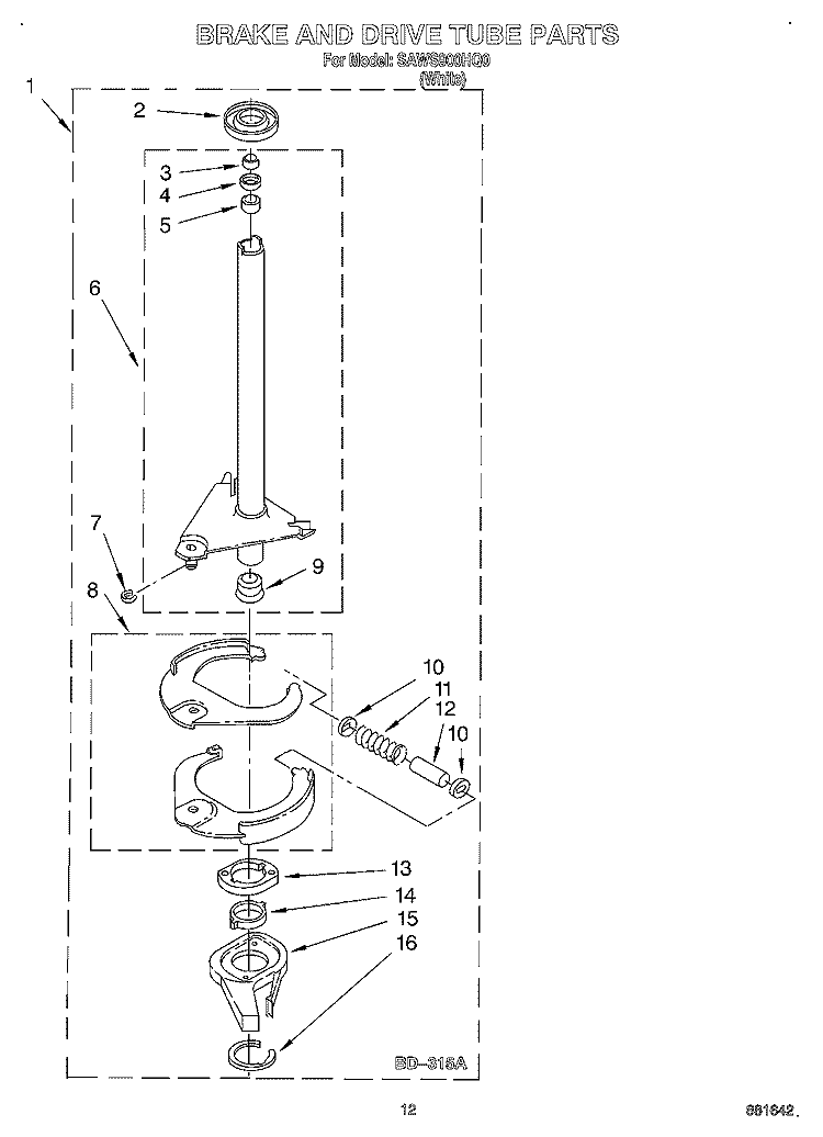 BRAKE AND DRIVE TUBE Diagram and Parts List for SAWS900HQ0  Whirlpool Washer
