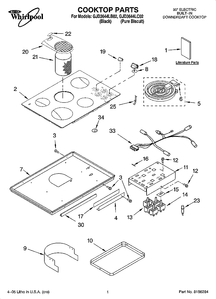 COOKTOP PARTS Diagram and Parts List for GJD3644LC02  Whirlpool Cooktop