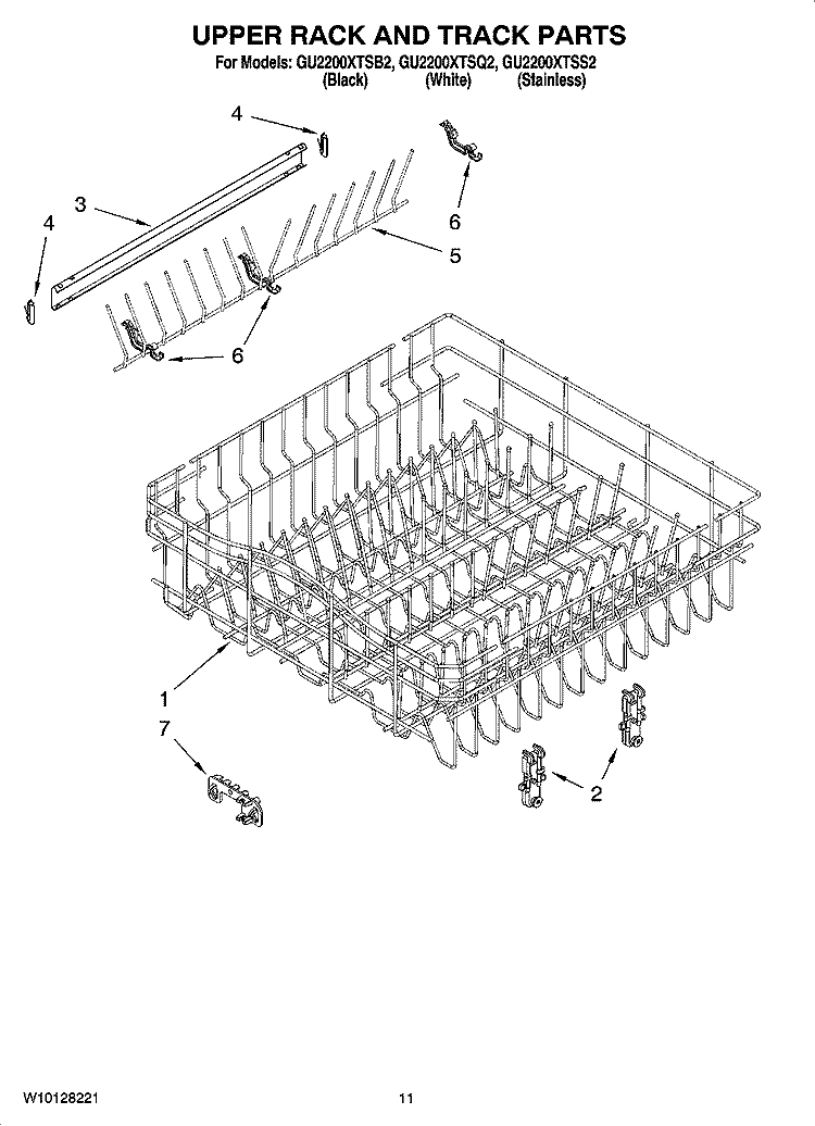 UPPER RACK AND TRACK PARTS Diagram and Parts List for GU2200XTSQ2  Whirlpool Dishwasher