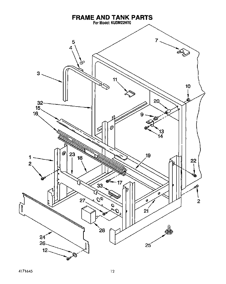 FRAME AND TANK Diagram and Parts List for KUDM22HT0  KitchenAid Dishwasher