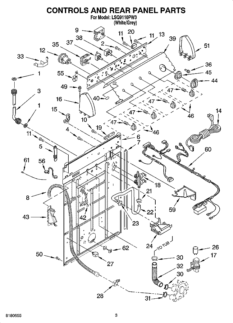 CONTROLS AND REAR PANEL PARTS Diagram and Parts List for LSQ9110PW3  Whirlpool Washer