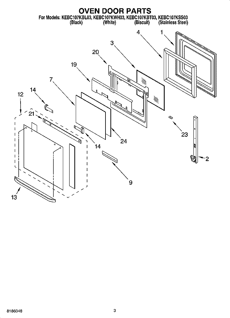 OVEN DOOR PARTS Diagram and Parts List for KEBC107KSS03  KitchenAid Wall Oven