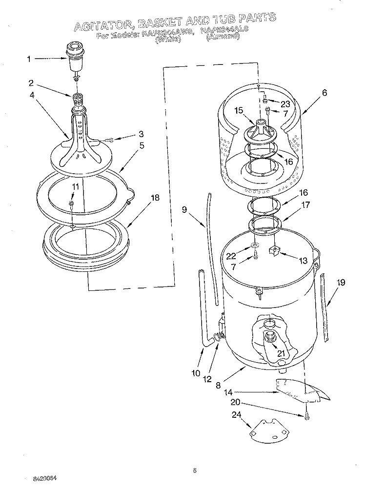 AGITATOR, BASKET AND TUB Diagram and Parts List for RAP5244AL0  Whirlpool Washer