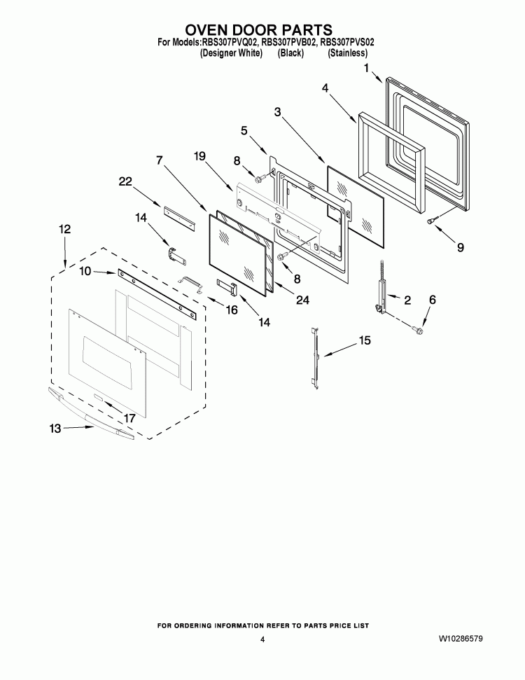 OVEN DOOR PARTS Diagram and Parts List for RBS307PVS02  Whirlpool Wall Oven