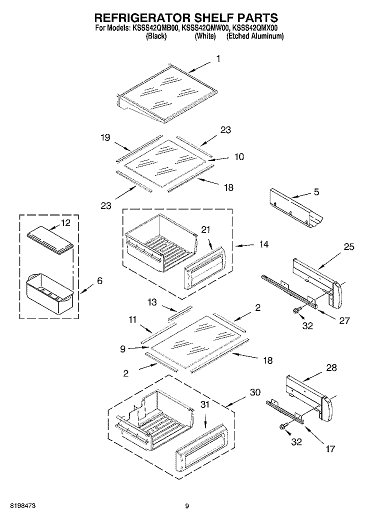 REFRIGERATOR SHELF PARTS Diagram and Parts List for KSSS42QMB00  KitchenAid Refrigerator