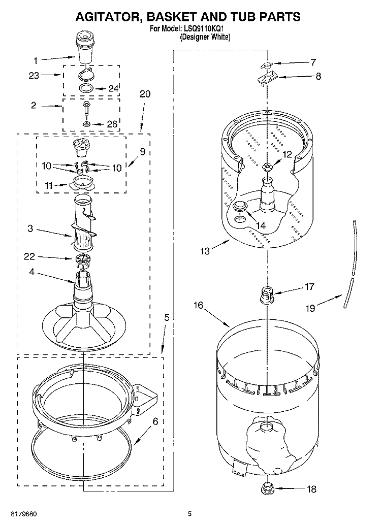 AGITATOR, BASKET AND TUB Diagram and Parts List for LSQ9110KQ1  Whirlpool Washer