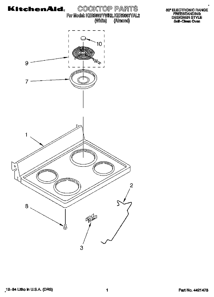 COOKTOP, LITERATURE Diagram and Parts List for KERS507YWH2  KitchenAid Range