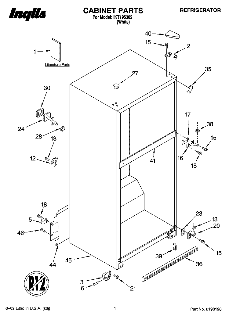 CABINET PARTS Diagram and Parts List for IKT195302  Inglis Refrigerator