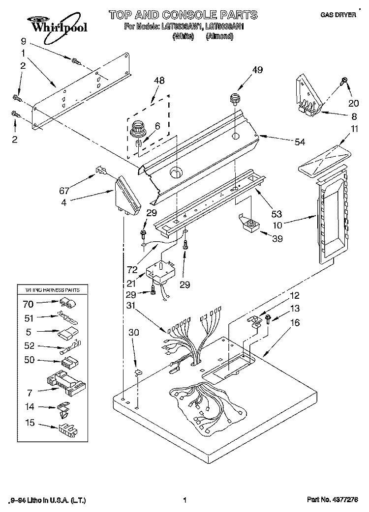 TOP AND CONSOLE, LIT/OPTIONAL Diagram and Parts List for LGT6638AW1  Whirlpool Dryer