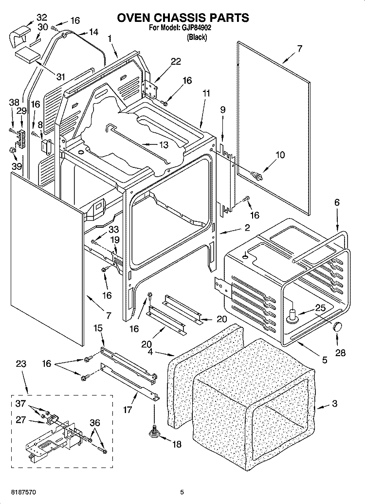 OVEN CHASSIS PARTS Diagram and Parts List for GJP84902  Whirlpool Range