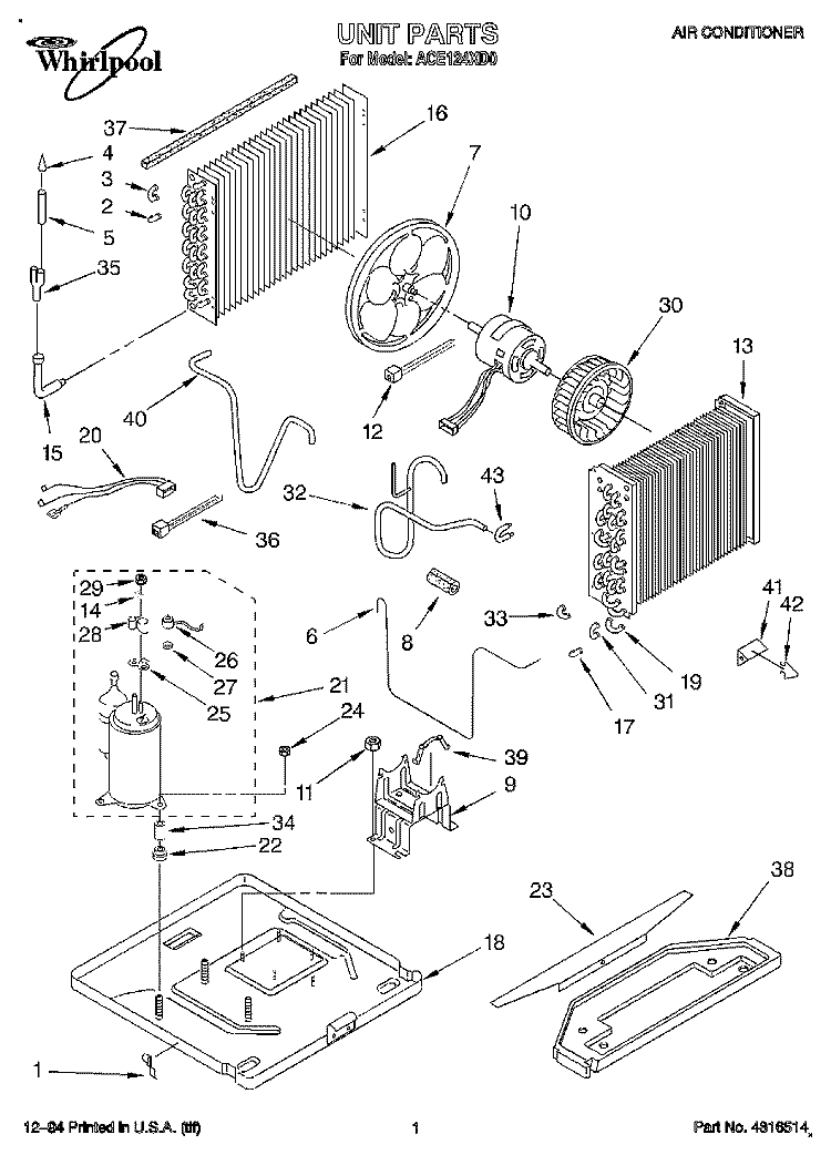 UNIT, LITERATURE Diagram and Parts List for ACE124XD0  Whirlpool Air Conditioner