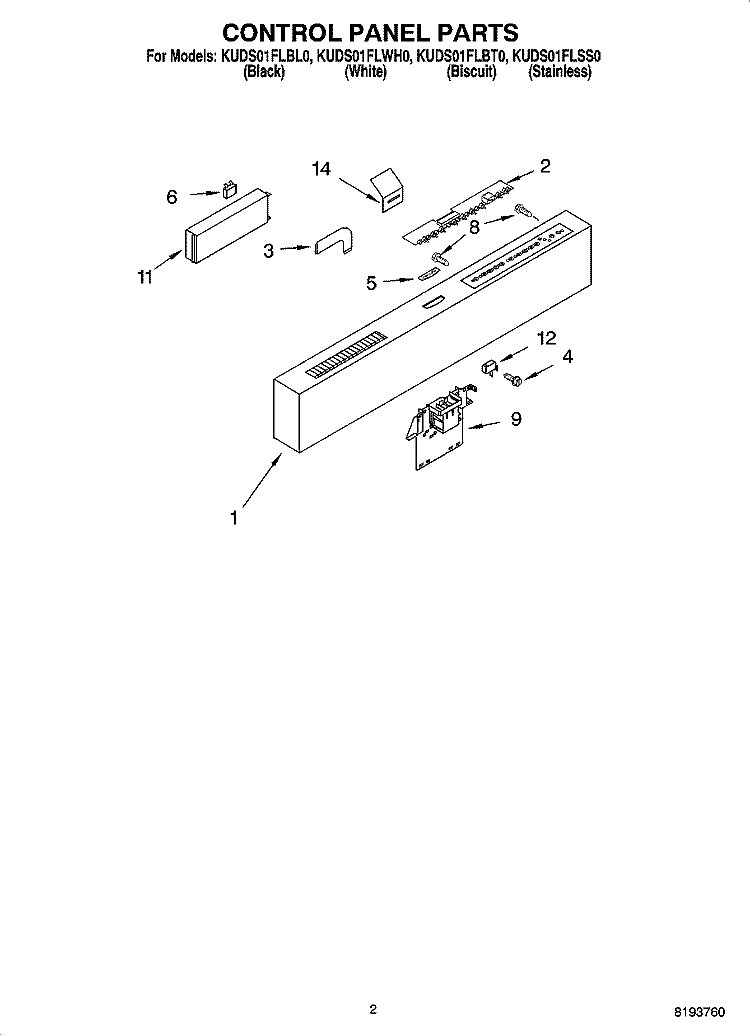 CONTROL PANEL PARTS Diagram and Parts List for KUDS01FLWH0  KitchenAid Dishwasher