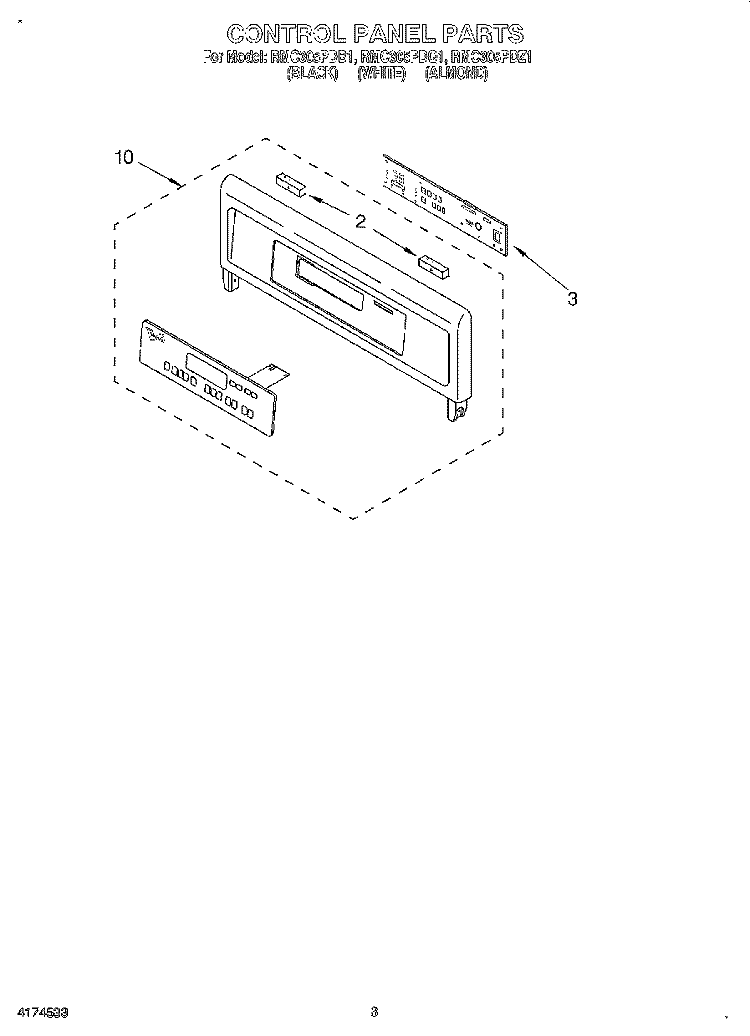 CONTROL PANEL, LITERATURE Diagram and Parts List for RMC305PDB1  Whirlpool Microwave Oven Combo