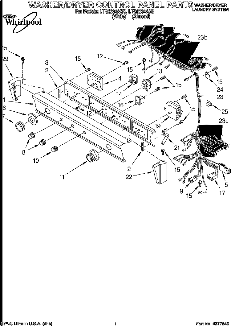 WASHER/DRYER CONTROL PANEL Diagram and Parts List for LTG6234AN3  Whirlpool Washer Dryer Combo