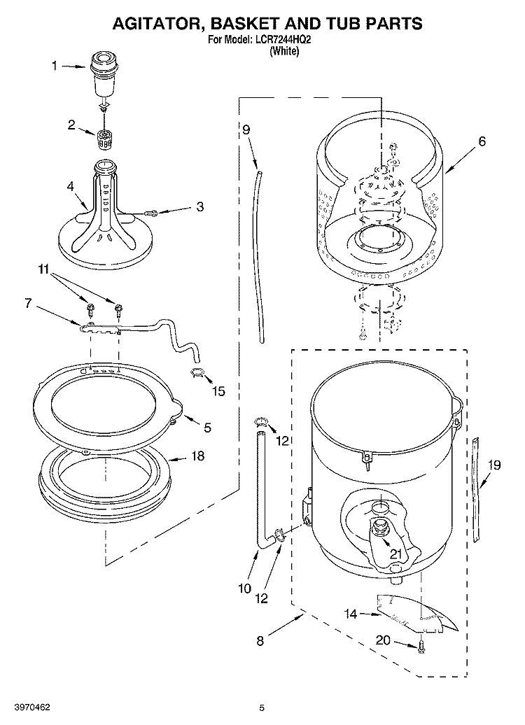 AGITATOR, BASKET AND TUB PARTS Diagram and Parts List for LCR7244HQ2  Whirlpool Washer