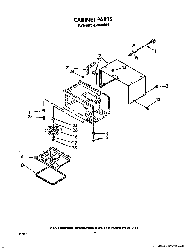 CABINET Diagram and Parts List for MS1650XW0  Whirlpool Microwave