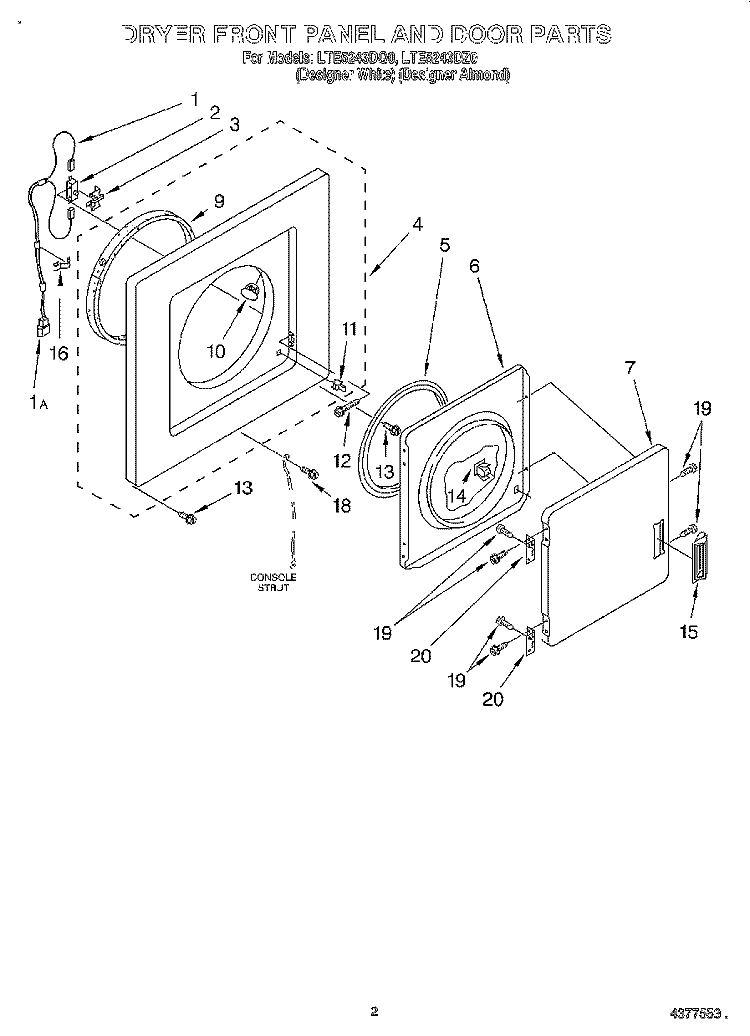 DRYER FRONT PANEL AND DOOR Diagram and Parts List for LTE5243DQ0  Whirlpool Washer Dryer Combo