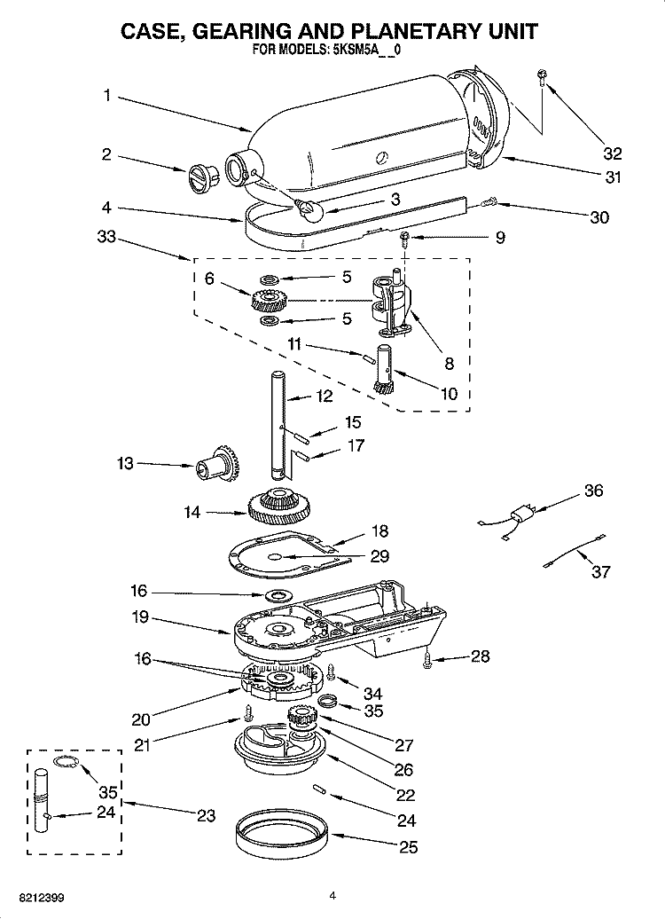 CASE, GEARING AND PLANETARY UNIT Diagram and Parts List for 5KSM5AER0  KitchenAid Mixer