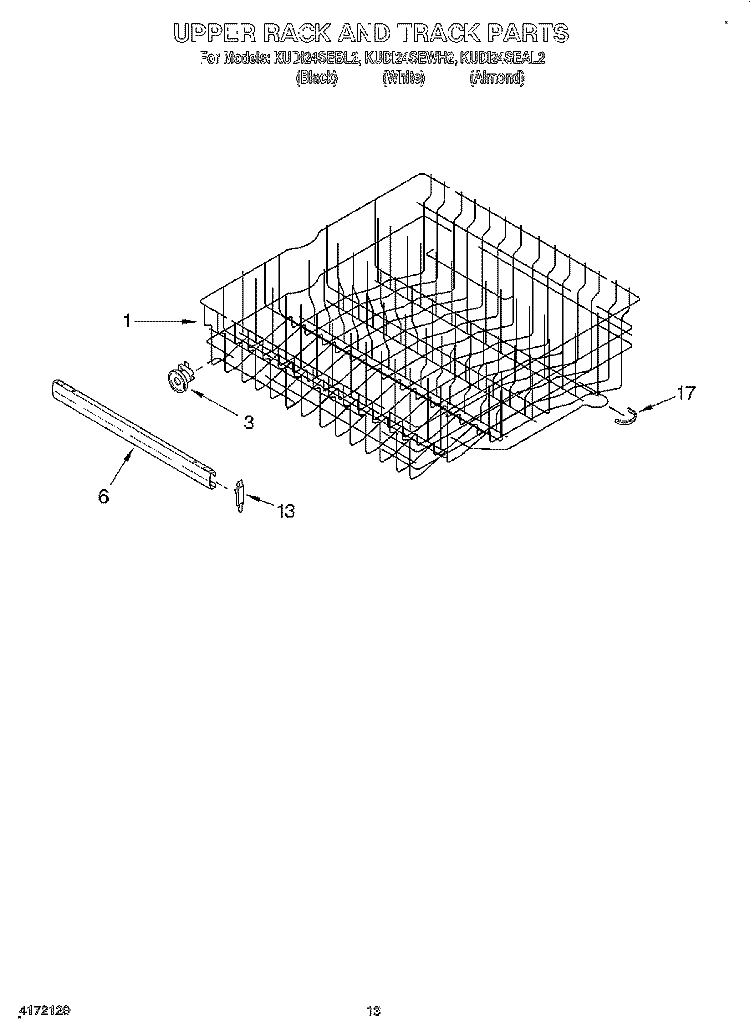 UPPER RACK AND TRACK Diagram and Parts List for KUDI24SEAL2  KitchenAid Dishwasher