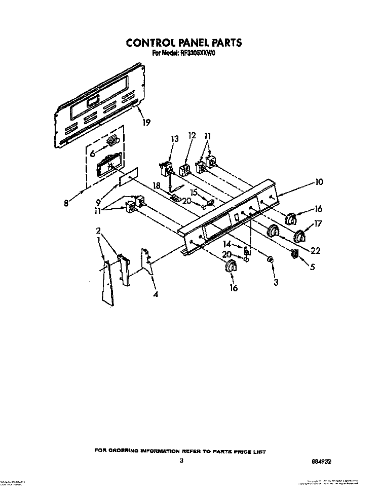 CONTROL PANEL Diagram and Parts List for RF3305XXN0  Whirlpool Range