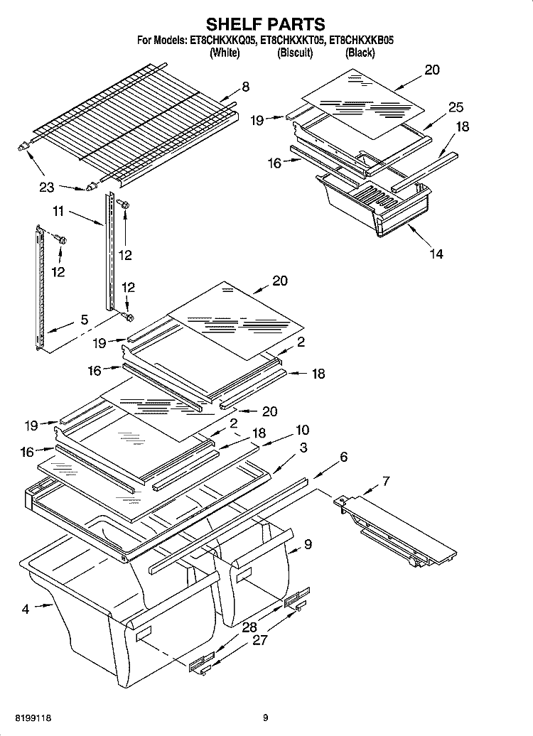 SHELF PARTS, OPTIONAL PARTS Diagram and Parts List for ET8CHKXKQ05  Whirlpool Refrigerator