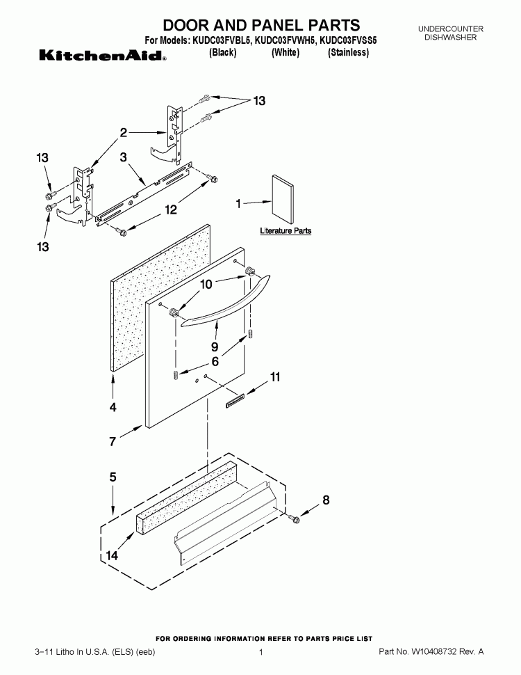 DOOR AND PANEL PARTS Diagram and Parts List for KUDC03FVBL5  KitchenAid Dishwasher
