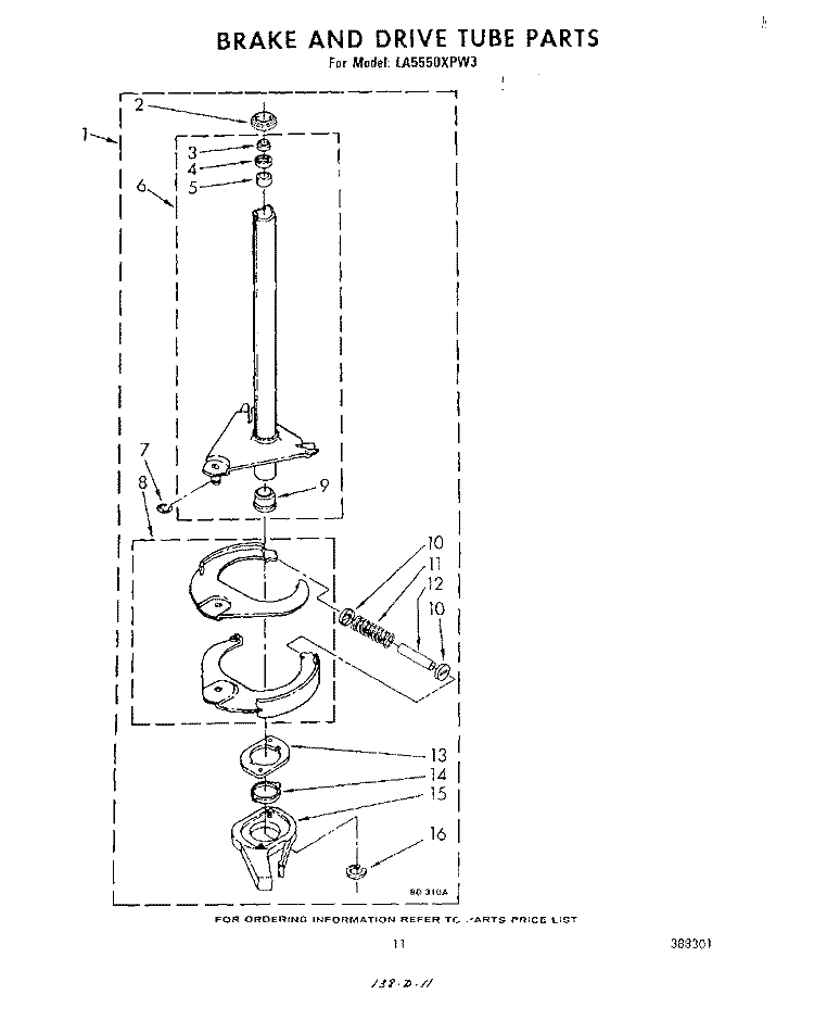 BRAKE AND DRIVE TUBE Diagram and Parts List for LA5550XPW3  Whirlpool Washer
