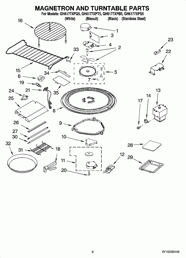 MAGNETRON AND TURNTABLE PARTS Diagram and Parts List for GH6177XPB5  Whirlpool Microwave