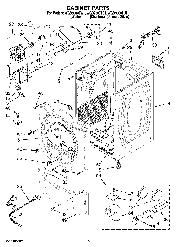 CABINET PARTS Diagram and Parts List for WGD9500TC1  Whirlpool Dryer