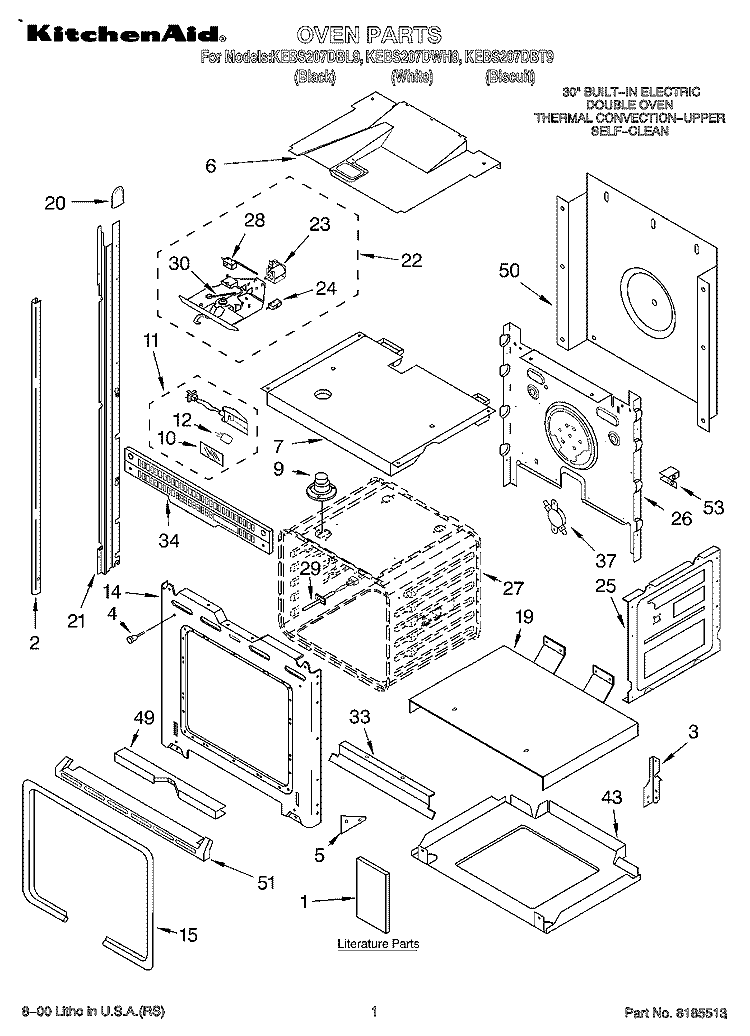 OVEN, LITERATURE Diagram and Parts List for KEBS207DBT9  KitchenAid Wall Oven