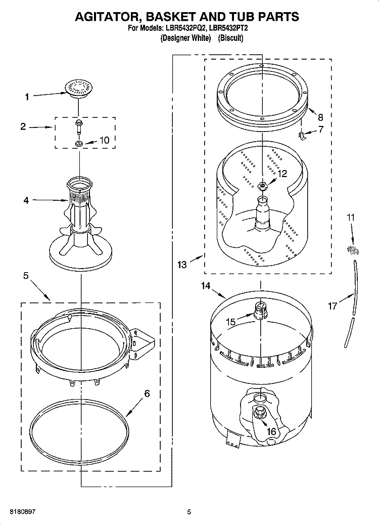 AGITATOR, BASKET AND TUB PARTS Diagram and Parts List for LBR5432PT2  Whirlpool Washer