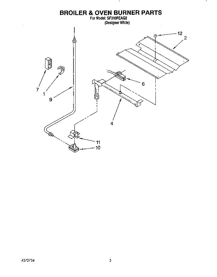 BROILER & OVEN BURNER Diagram and Parts List for SF310PEAQ2  Whirlpool Range