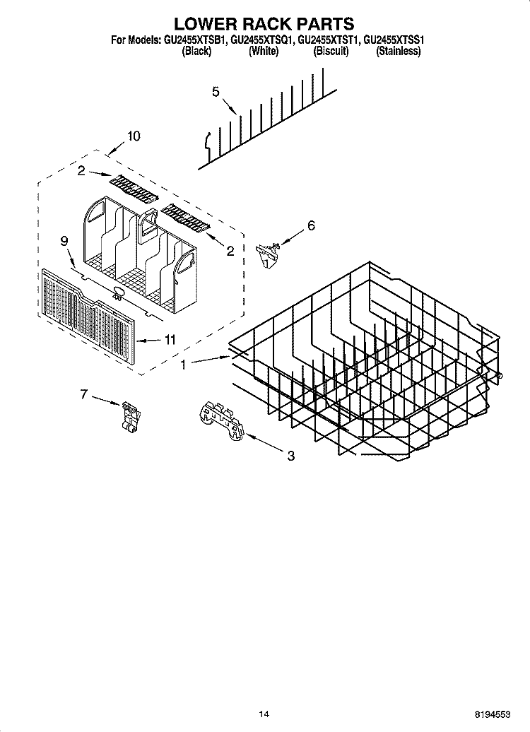 LOWER RACK PARTS, OPTIONAL PARTS (NOT INCLUDED) Diagram and Parts List for GU2455XTSB1  Whirlpool Dishwasher