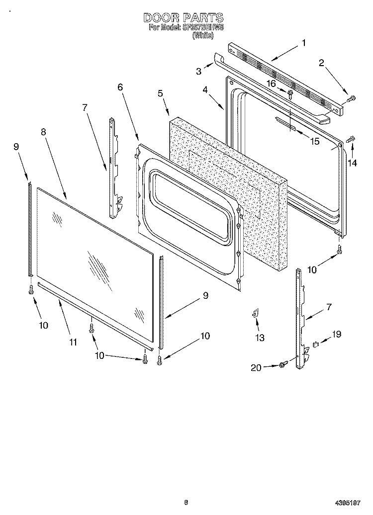 DOOR Diagram and Parts List for SF357BEHW5  Whirlpool Range