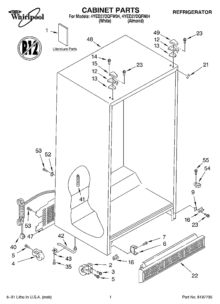 CABINET, LITERATURE Diagram and Parts List for 4YED27DQFN04  Whirlpool Refrigerator