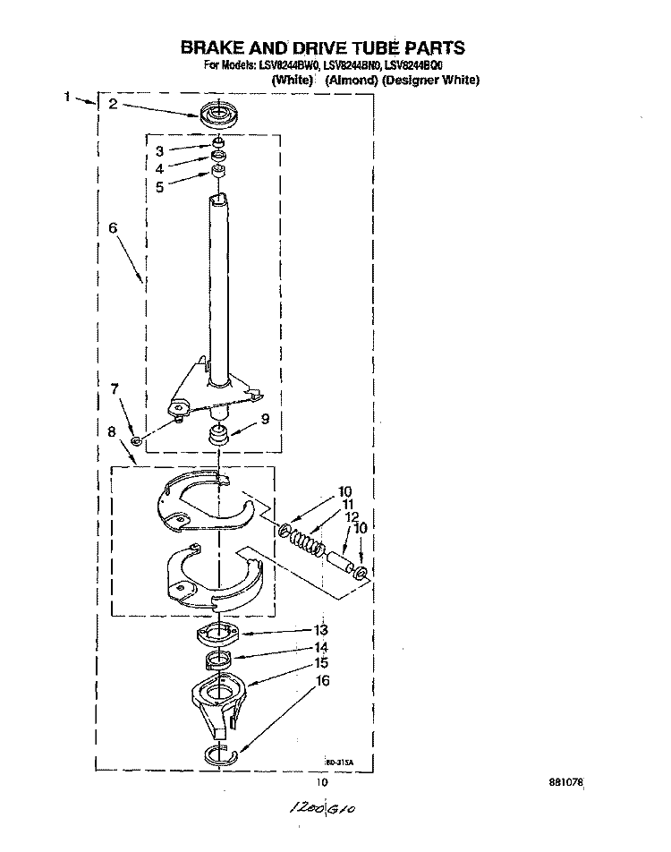 BRAKE AND DRIVE TUBE Diagram and Parts List for LSV8244BN0  Whirlpool Washer