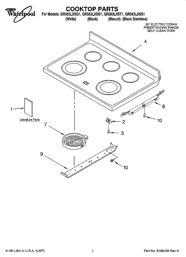 COOKTOP PARTS Diagram and Parts List for GR563LXSB1  Whirlpool Range
