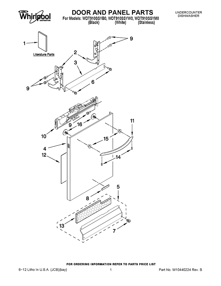 DOOR AND PANEL PARTS Diagram and Parts List for WDT910SSYW0  Whirlpool Dishwasher