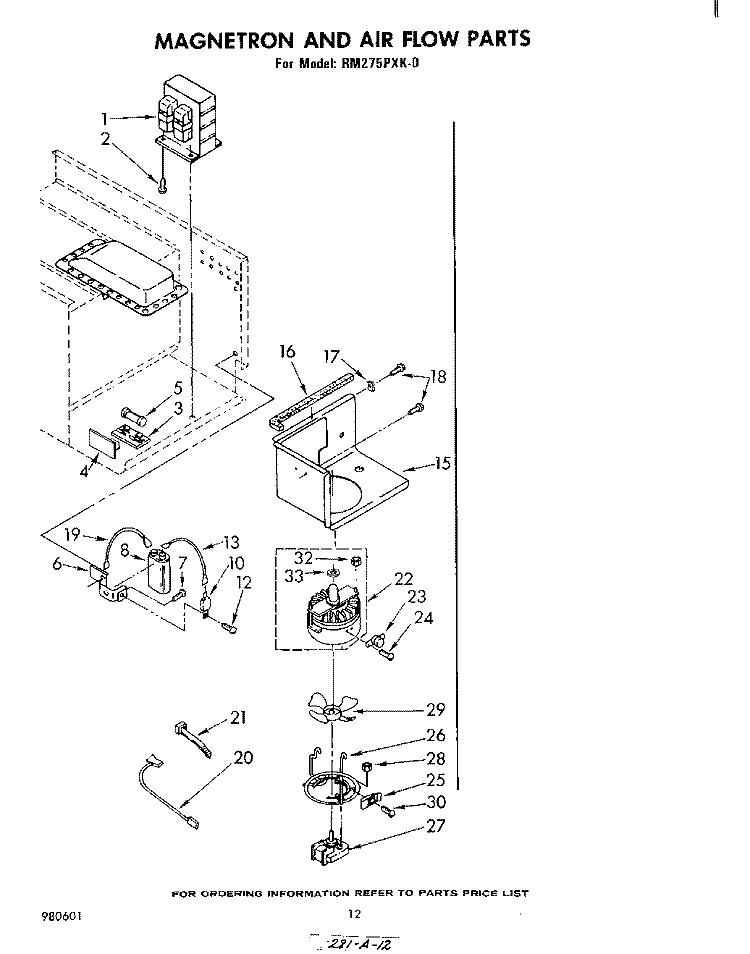 MAGNETRON AND AIR FLOW Diagram and Parts List for RM275PXK0  Whirlpool Microwave Oven Combo