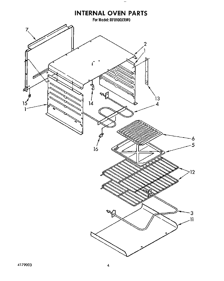 INTERNAL OVEN Diagram and Parts List for RF0100XRW0  Whirlpool Range