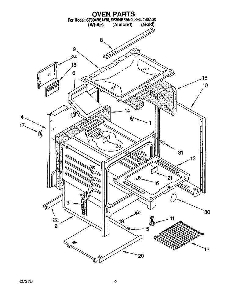 OVEN Diagram and Parts List for SF304BSAG0  Whirlpool Range