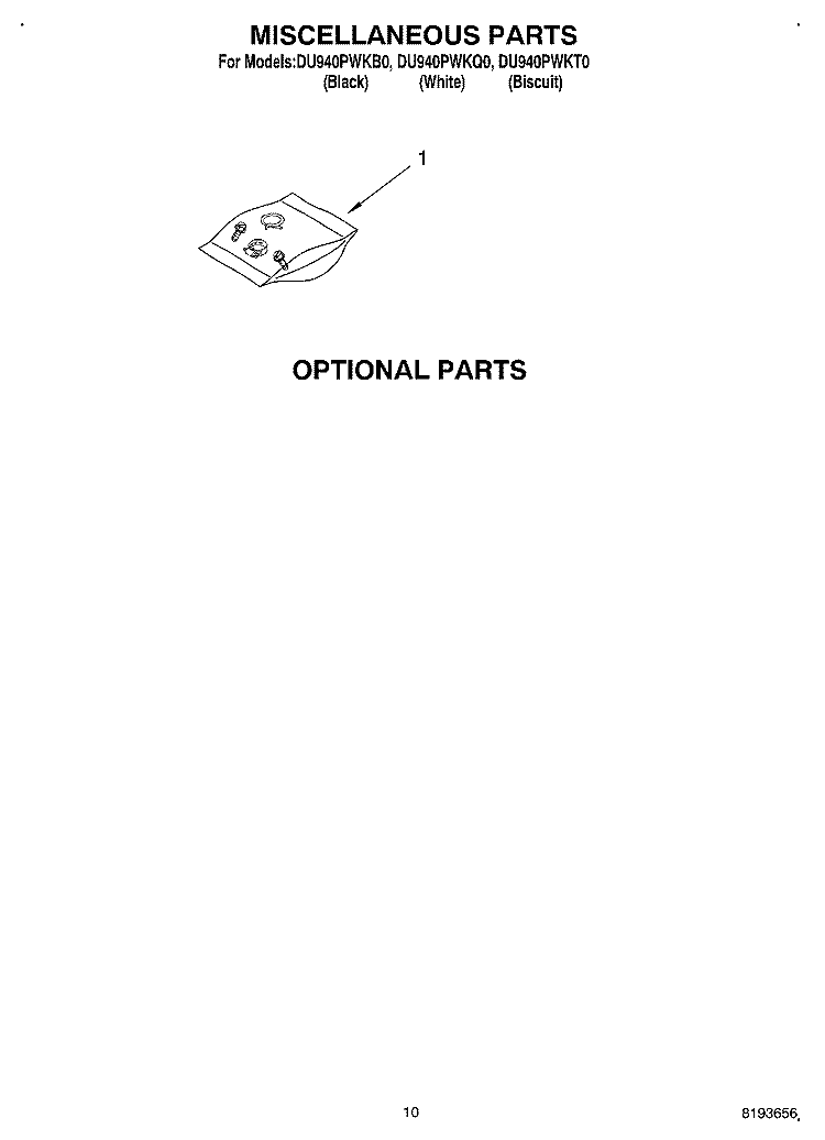 MISCELLANEOUS, OPTIONAL Diagram and Parts List for DU940PWKB0  Whirlpool Dishwasher