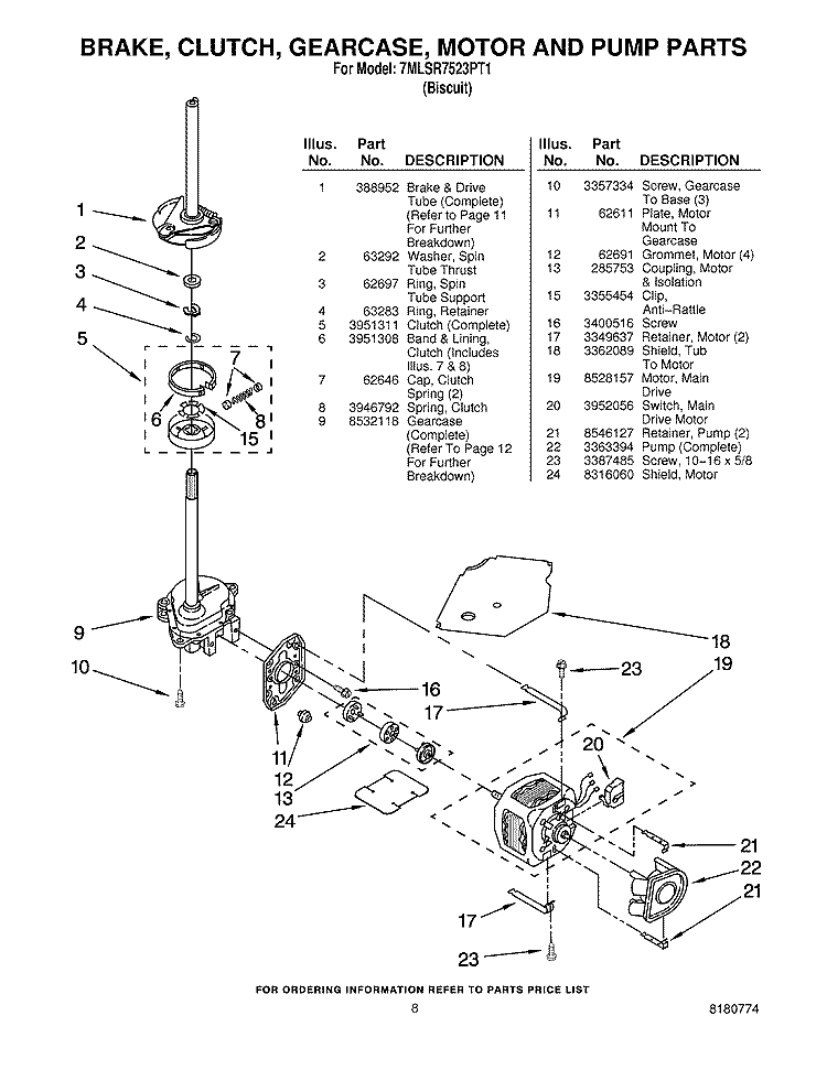 BRAKE, CLUTCH, GEARCASE, MOTOR AND PUMP Diagram and Parts List for 7MLSR7523PT1  Whirlpool Washer