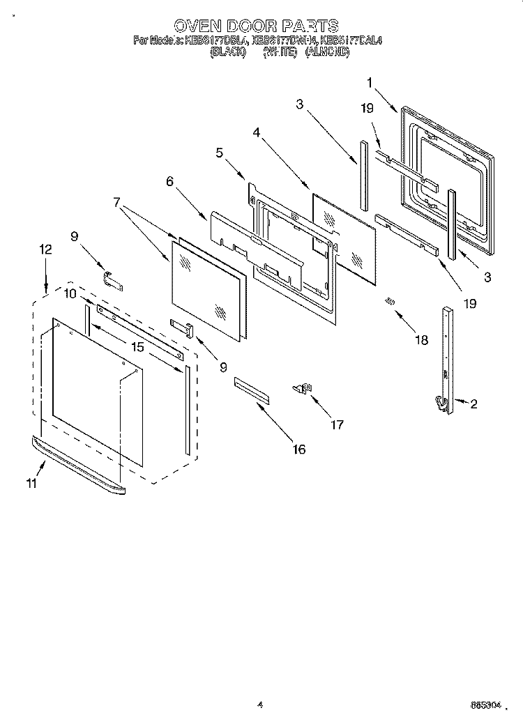 OVEN DOOR Diagram and Parts List for KEBS177DWH4  KitchenAid Wall Oven