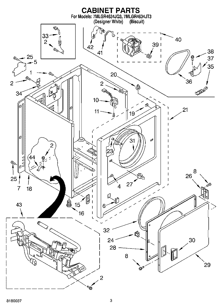 CABINET PARTS Diagram and Parts List for 7MLGR4634JT3  Whirlpool Dryer