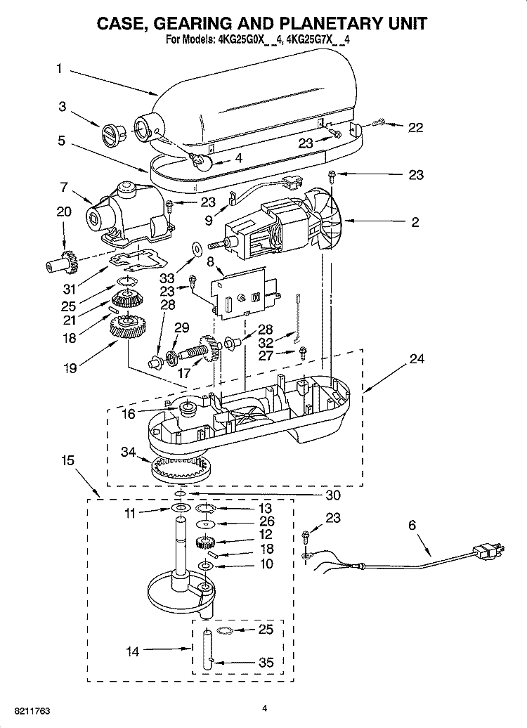 CASE, GEARING AND PLANETARY UNIT Diagram and Parts List for 4KG25G7XER4  KitchenAid Mixer