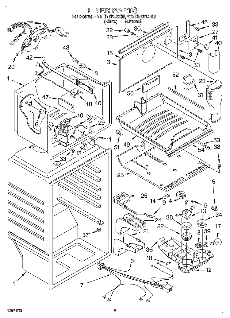 LINER Diagram and Parts List for 4YET21DKDN03  Whirlpool Refrigerator